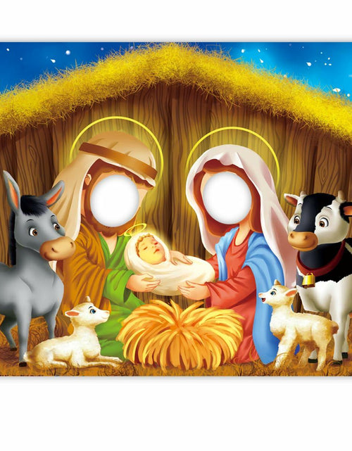 Load image into Gallery viewer, DoraDream Nativity Scene Face Hole Backdrop 5x3.3 ft Rustic Christmas
