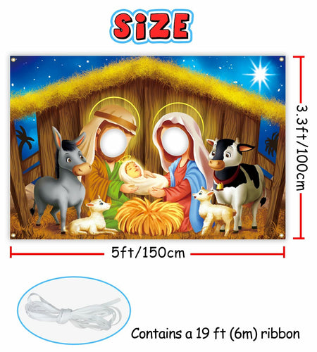 DoraDream Nativity Scene Face Hole Backdrop 5x3.3 ft Rustic Christmas