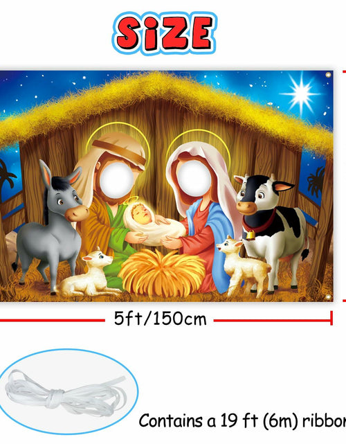 Load image into Gallery viewer, DoraDream Nativity Scene Face Hole Backdrop 5x3.3 ft Rustic Christmas
