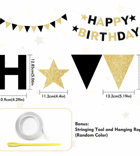 Black and Gold Happy Birthday Banner Pre-Strung Garland for Men Party Decor