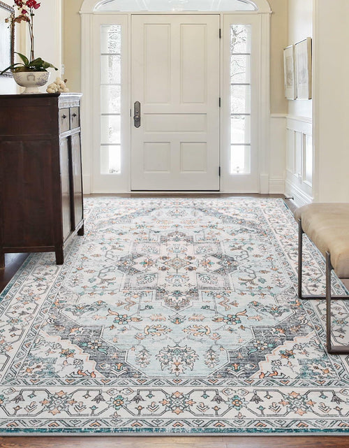 Load image into Gallery viewer, FlyDOIT Vintage 5x8 Blue Floral Medallion Washable Area Rug
