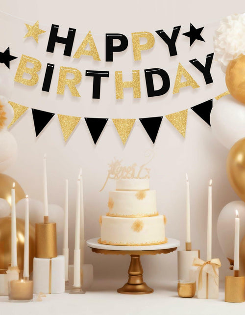 Load image into Gallery viewer, Black and Gold Happy Birthday Banner Pre-Strung Garland for Men Party Decor
