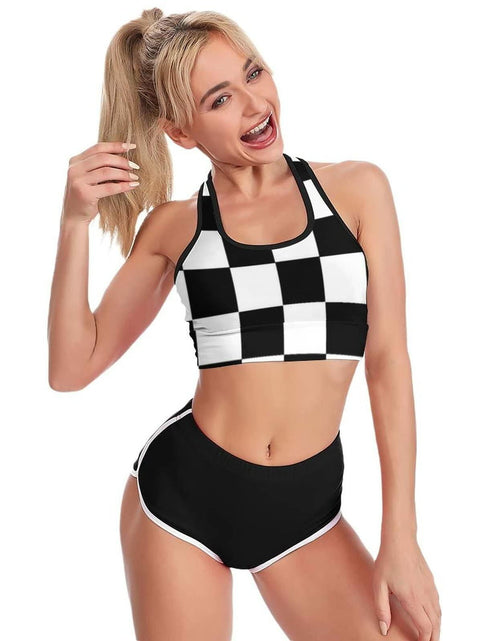 Load image into Gallery viewer, TIETIE Women's Checkered Flag Racerback Sports Yoga Bra Black White Size S
