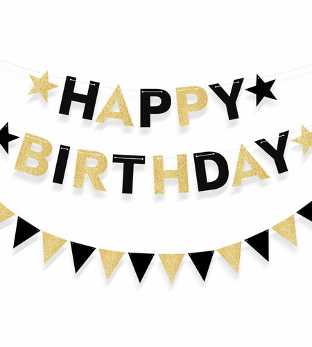 Black and Gold Happy Birthday Banner Pre-Strung Garland for Men Party Decor