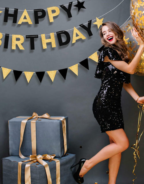 Load image into Gallery viewer, Black and Gold Happy Birthday Banner Pre-Strung Garland for Men Party Decor
