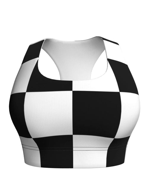 Load image into Gallery viewer, TIETIE Women's Checkered Flag Racerback Sports Yoga Bra Black White Size S
