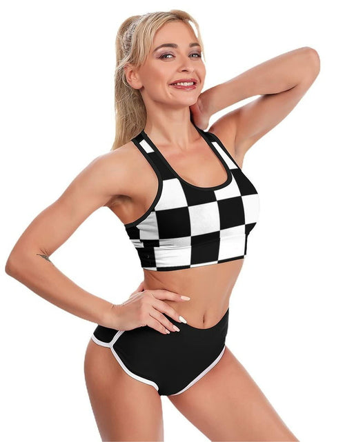 Load image into Gallery viewer, TIETIE Women's Checkered Flag Racerback Sports Yoga Bra Black White Size S

