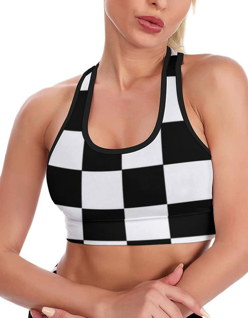 Load image into Gallery viewer, TIETIE Women's Checkered Flag Racerback Sports Yoga Bra Black White Size S
