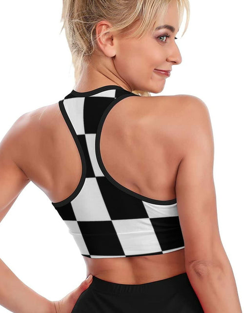 Load image into Gallery viewer, TIETIE Women's Checkered Flag Racerback Sports Yoga Bra Black White Size S
