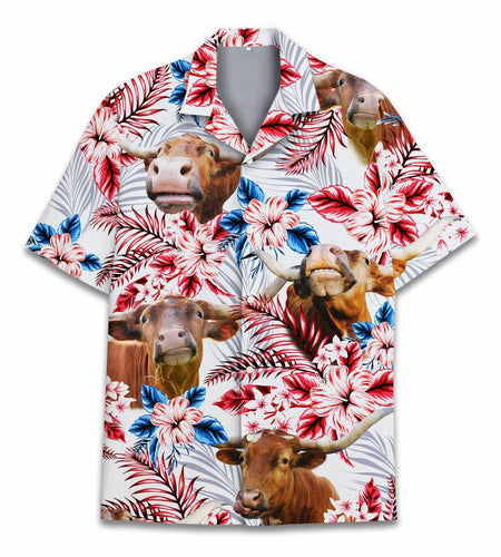 PIGO Simmental Cow Hawaiian Shirt Men US Flag Short Sleeve Size XX-L