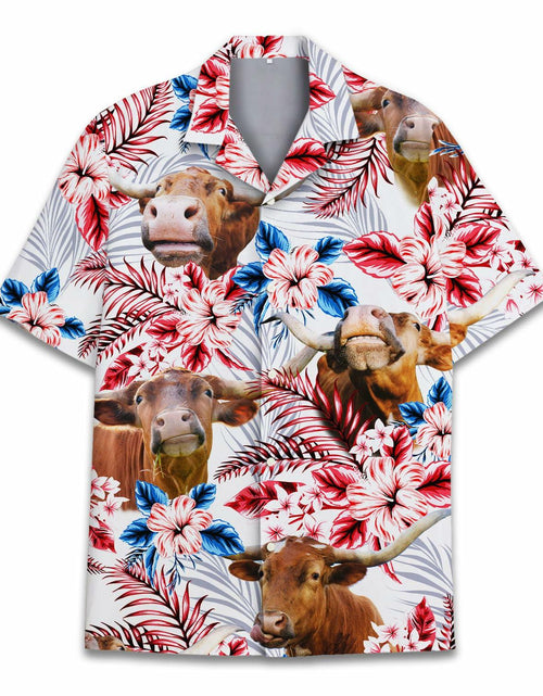 Load image into Gallery viewer, PIGO Simmental Cow Hawaiian Shirt Men US Flag Short Sleeve Size XX-L
