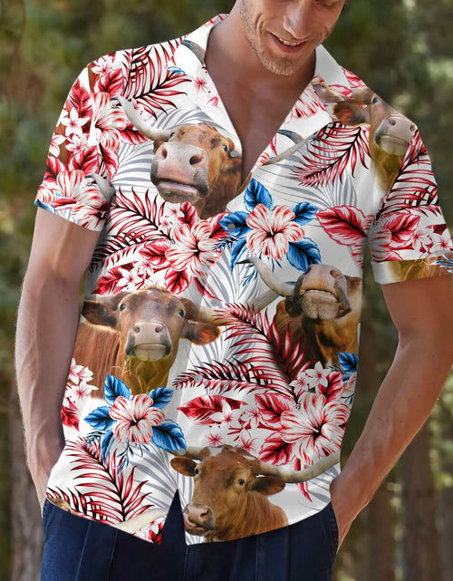 Load image into Gallery viewer, PIGO Simmental Cow Hawaiian Shirt Men US Flag Short Sleeve Size XX-L

