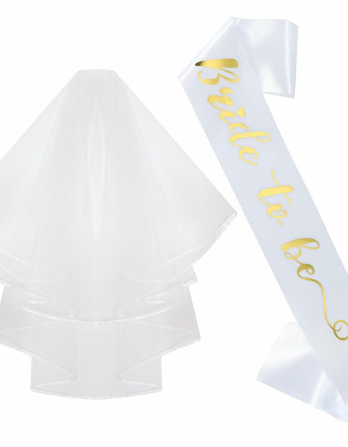 Load image into Gallery viewer, Apone Fatu 3 Pcs Bride Crown Headband Sash Veil Bachelorette Party Gold
