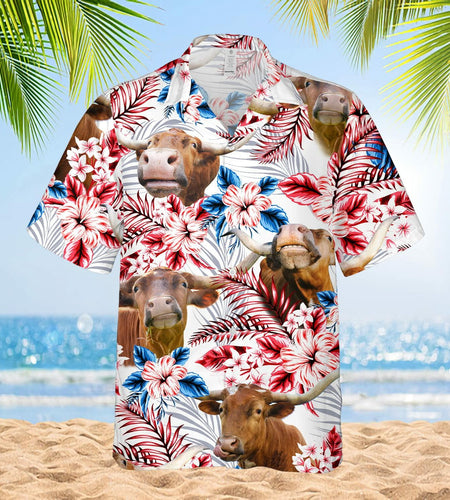 PIGO Simmental Cow Hawaiian Shirt Men US Flag Short Sleeve Size XX-L