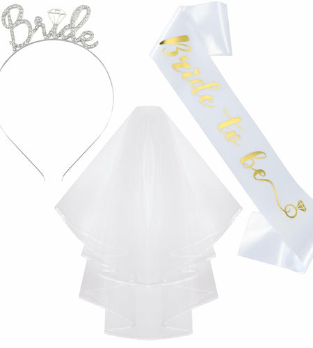 Apone Fatu 3 Pcs Bride Crown Headband Sash Veil Bachelorette Party Gold