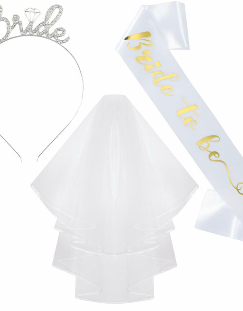 Load image into Gallery viewer, Apone Fatu 3 Pcs Bride Crown Headband Sash Veil Bachelorette Party Gold
