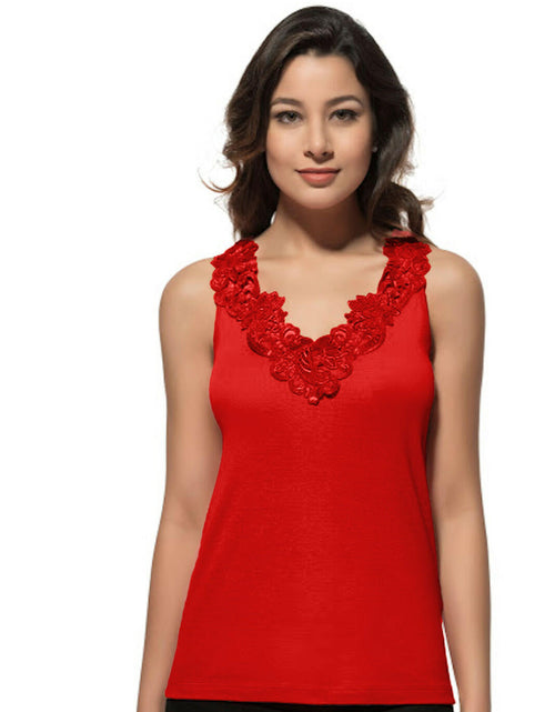 Load image into Gallery viewer, miduo Womens Slim Fit Scoop Neck Lace Trim Ribbed Knit Tank Top Red Size L
