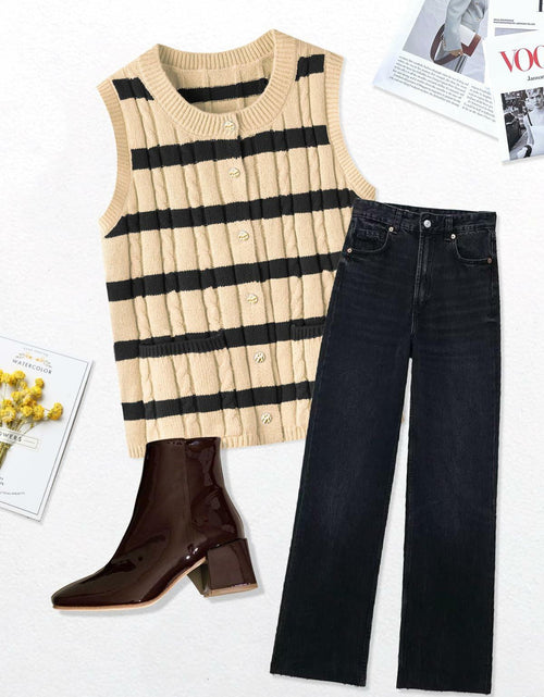 Load image into Gallery viewer, KEOMUD Women's Sleeveless Striped Knit Cardigan Button Vest Apricot Size L

