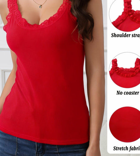 miduo Womens Slim Fit Scoop Neck Lace Trim Ribbed Knit Tank Top Red Size L