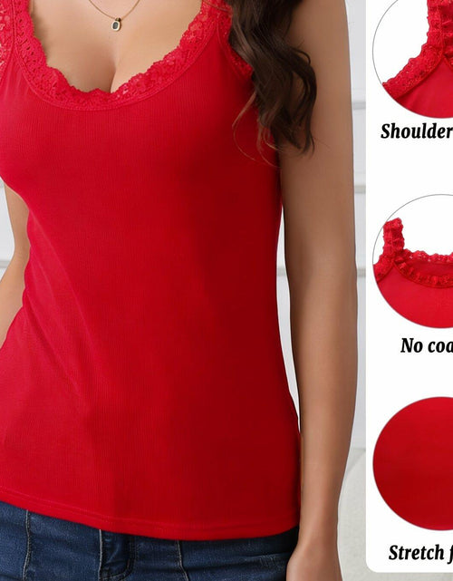 Load image into Gallery viewer, miduo Womens Slim Fit Scoop Neck Lace Trim Ribbed Knit Tank Top Red Size L
