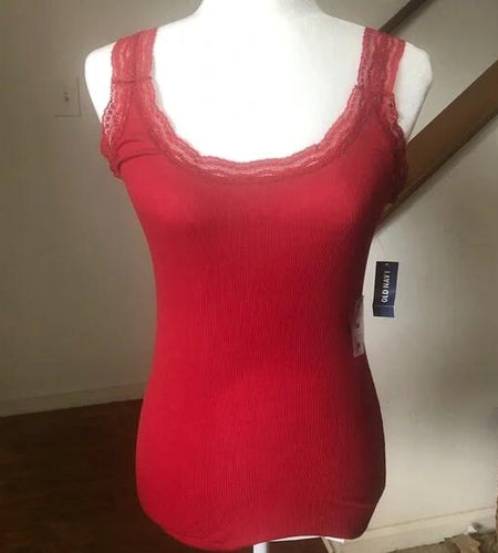 miduo Womens Slim Fit Scoop Neck Lace Trim Ribbed Knit Tank Top Red Size L