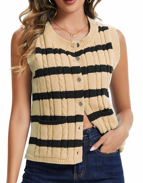 Load image into Gallery viewer, KEOMUD Women's Sleeveless Striped Knit Cardigan Button Vest Apricot Size L
