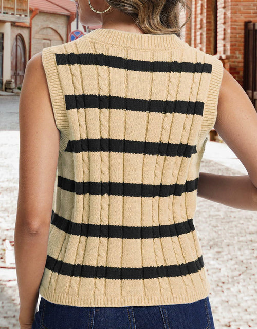 Load image into Gallery viewer, KEOMUD Women's Sleeveless Striped Knit Cardigan Button Vest Apricot Size L
