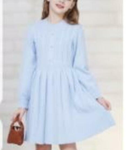 WULFUL Girls Sweater Dress Long Sleeve Button Pleated Knit Light Blue Size 7-8Y