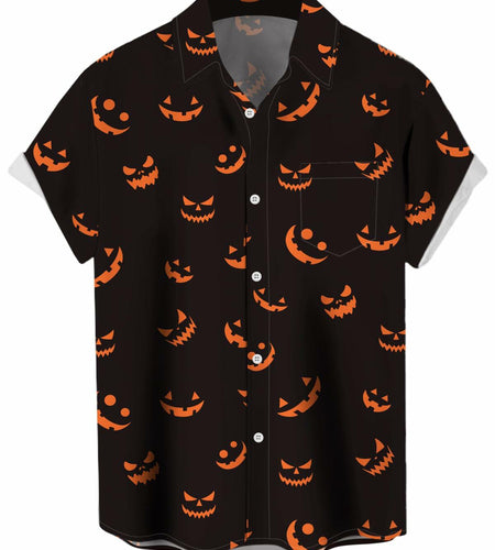 whoinshop Men Halloween Cartoon Button Up Shirt Short Sleeve Smiling Face L