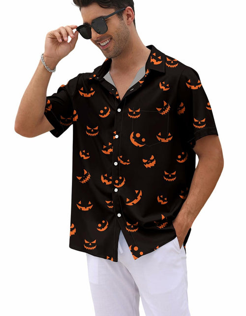 Load image into Gallery viewer, whoinshop Men Halloween Cartoon Button Up Shirt Short Sleeve Smiling Face L
