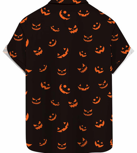 whoinshop Men Halloween Cartoon Button Up Shirt Short Sleeve Smiling Face L
