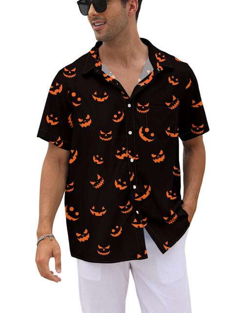 Load image into Gallery viewer, whoinshop Men Halloween Cartoon Button Up Shirt Short Sleeve Smiling Face L
