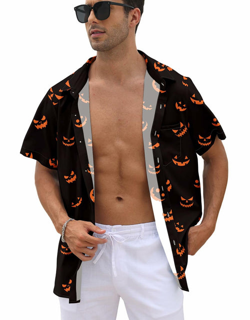 Load image into Gallery viewer, whoinshop Men Halloween Cartoon Button Up Shirt Short Sleeve Smiling Face L
