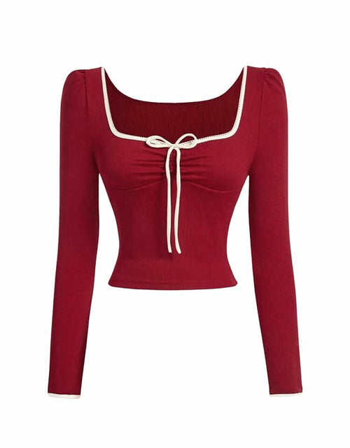 Load image into Gallery viewer, SOLY HUX Women's Bow Tie Front Tee Square Neck Long Sleeve Crop Top Red Size L
