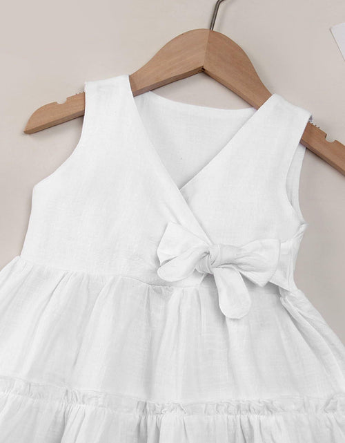 Load image into Gallery viewer, TIMOGG Toddler Girl Sleeveless Linen Cotton Dress Bow White Size 3-4T
