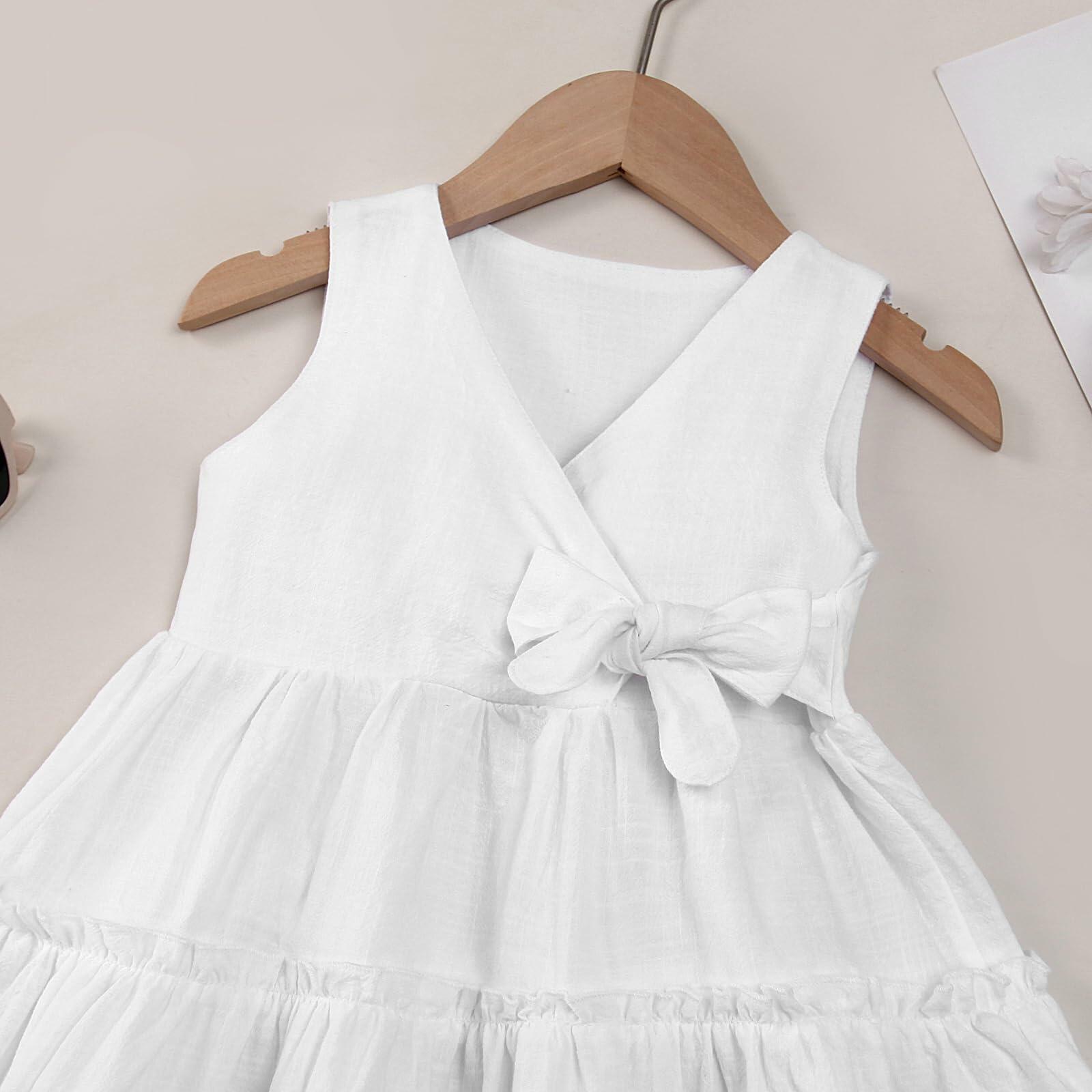 TIMOGG Toddler Girl Sleeveless Linen Cotton Dress Bow White Size 3-4T