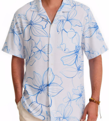 ALLOVIN Mens Hawaiian Shirt Floral Button Down Blue White XL