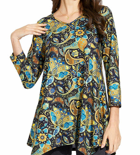 ENMAIN Plus Size Tunic Top Women 3/4 Sleeve V Neck Paisley Flare Size XX-Large