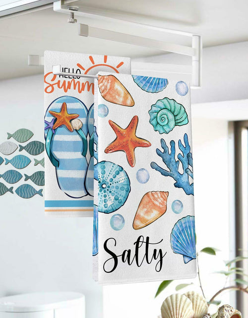 Load image into Gallery viewer, Croar Kitchen Dish Towels Set 2 Coastal Starfish Coral 18x26 in
