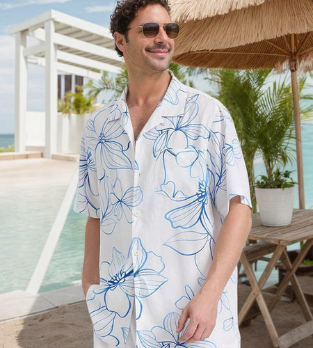 ALLOVIN Mens Hawaiian Shirt Floral Button Down Blue White XL