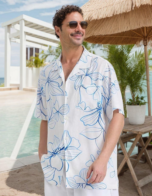 Load image into Gallery viewer, ALLOVIN Mens Hawaiian Shirt Floral Button Down Blue White XL
