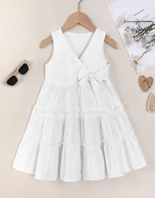 Load image into Gallery viewer, TIMOGG Toddler Girl Sleeveless Linen Cotton Dress Bow White Size 3-4T
