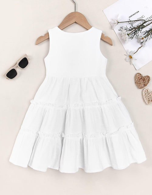 Load image into Gallery viewer, TIMOGG Toddler Girl Sleeveless Linen Cotton Dress Bow White Size 3-4T
