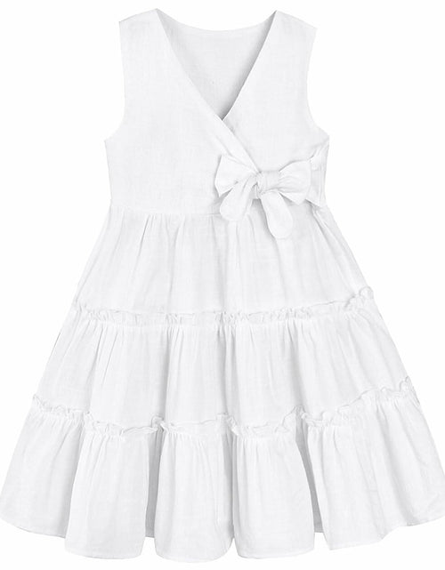 Load image into Gallery viewer, TIMOGG Toddler Girl Sleeveless Linen Cotton Dress Bow White Size 3-4T

