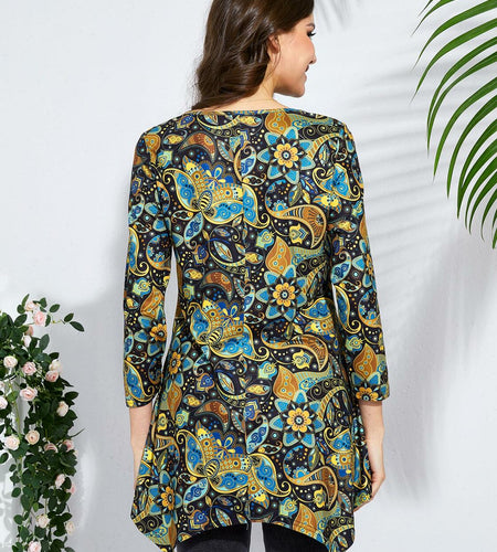 ENMAIN Plus Size Tunic Top Women 3/4 Sleeve V Neck Paisley Flare Size XX-Large