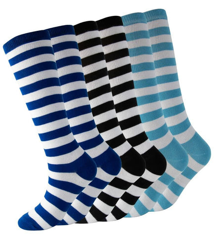 Cerebro Kids Knee High Athletic Cotton Socks Striped 3 Pairs Blue 6-10Y