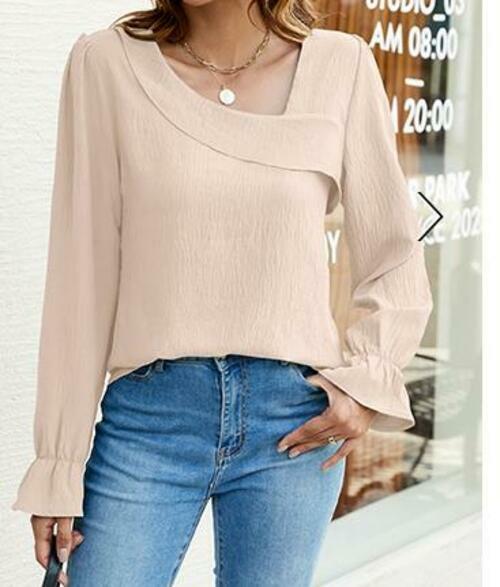 Load image into Gallery viewer, BMJL Womens Asymmetrical Neck Long Sleeve Blouse Beige Size XL
