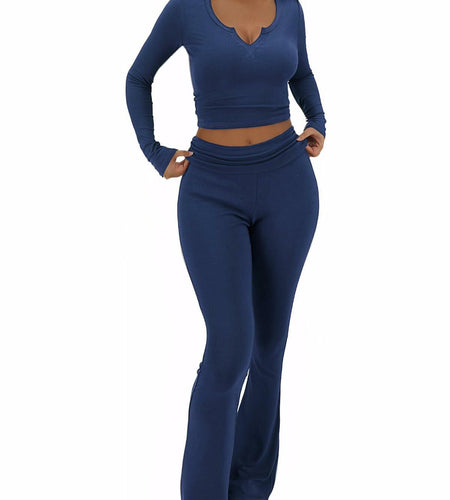 FAIRY SEASON Womens 2PC Lounge Set V Neck Top Flare Pants Blue Size XS