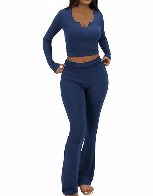 Load image into Gallery viewer, FAIRY SEASON Womens 2PC Lounge Set V Neck Top Flare Pants Blue Size XS
