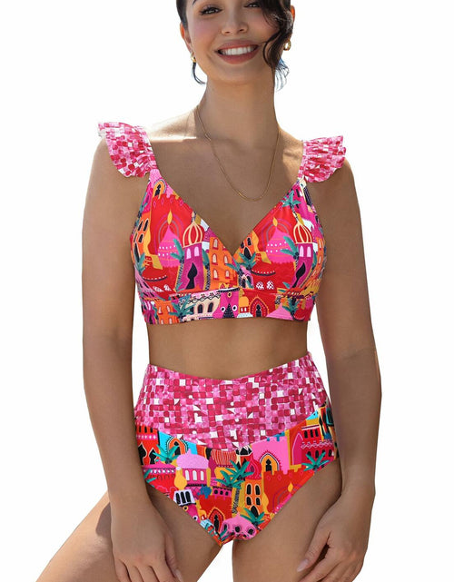 Load image into Gallery viewer, SPORLIKE Women High Waisted Triangle Bikini Cross Back Swimwear Castle Print M
